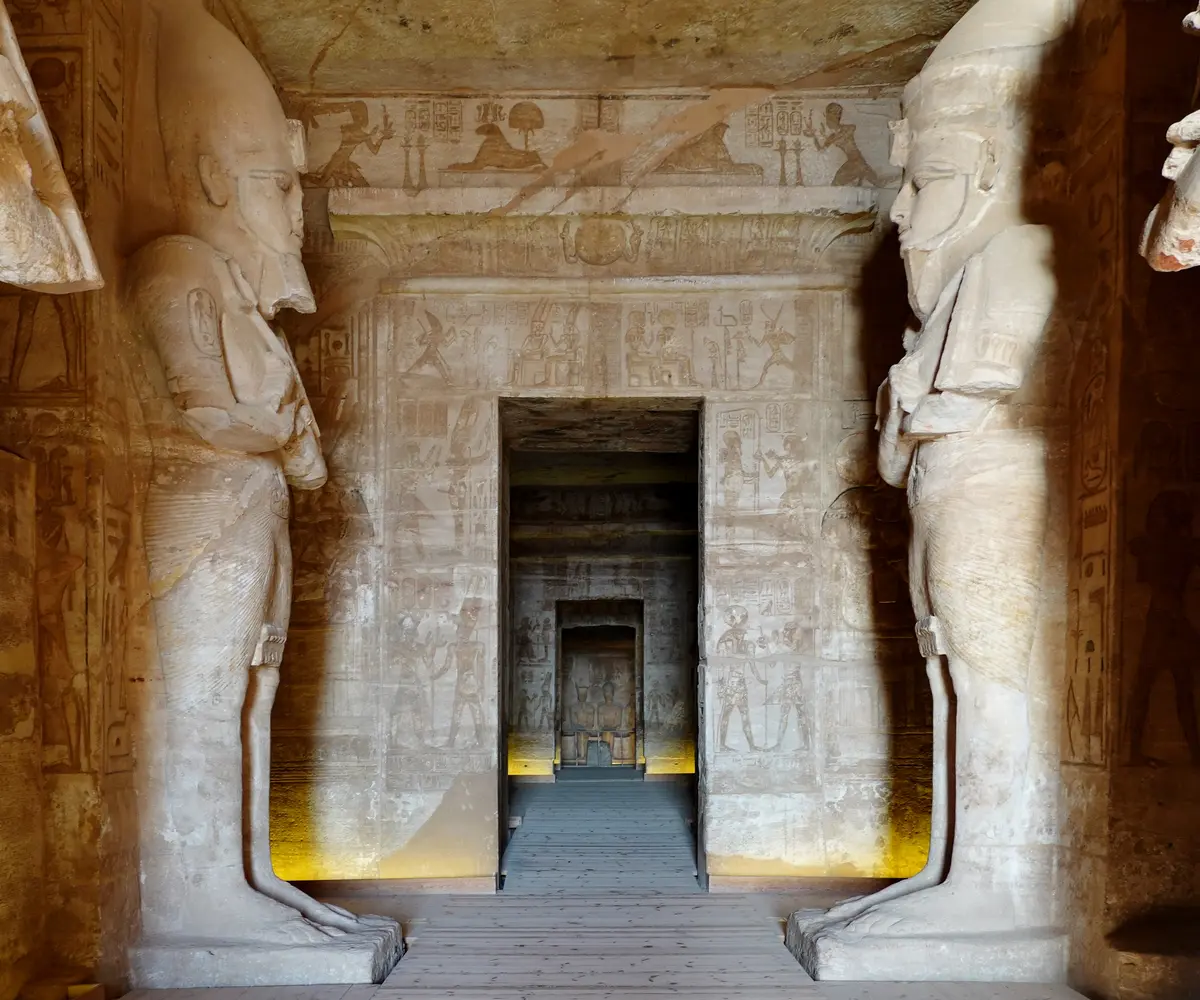 Osiride pillars inside the Great Temple of Abu Simbel