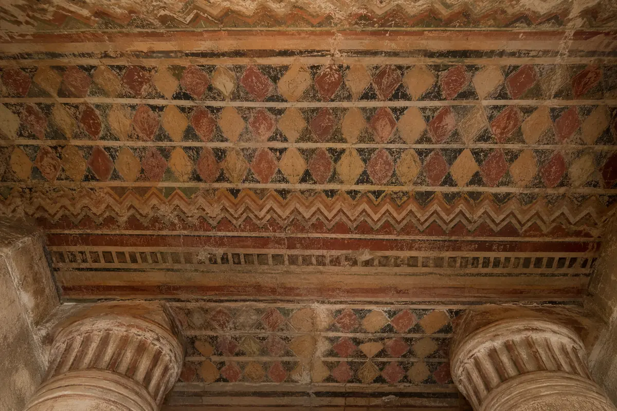 Geometric ceiling patterns in a rock-cut chapel
