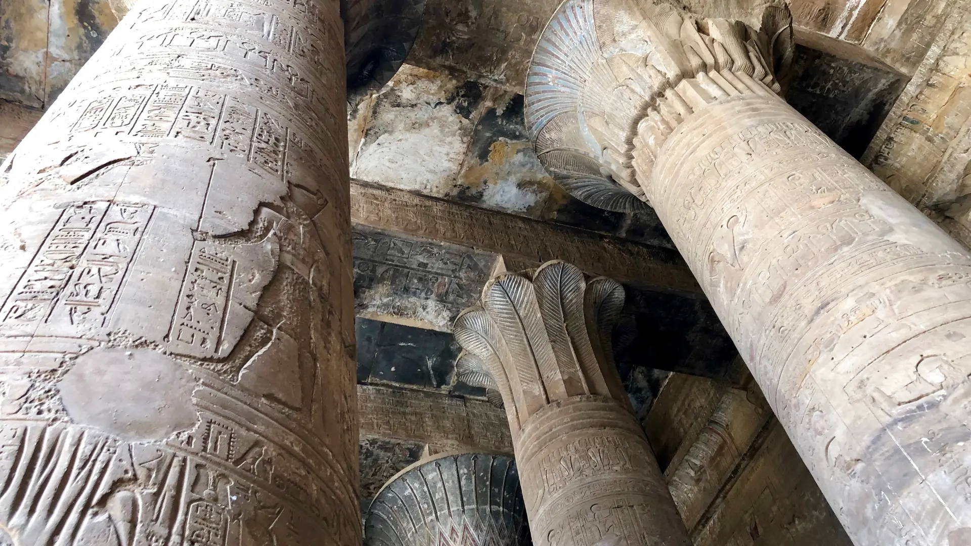 Columns and carved capitals inside Edfu Temple