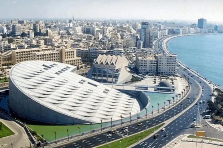Bibliotheca Alexandrina beside the Mediterranean coast