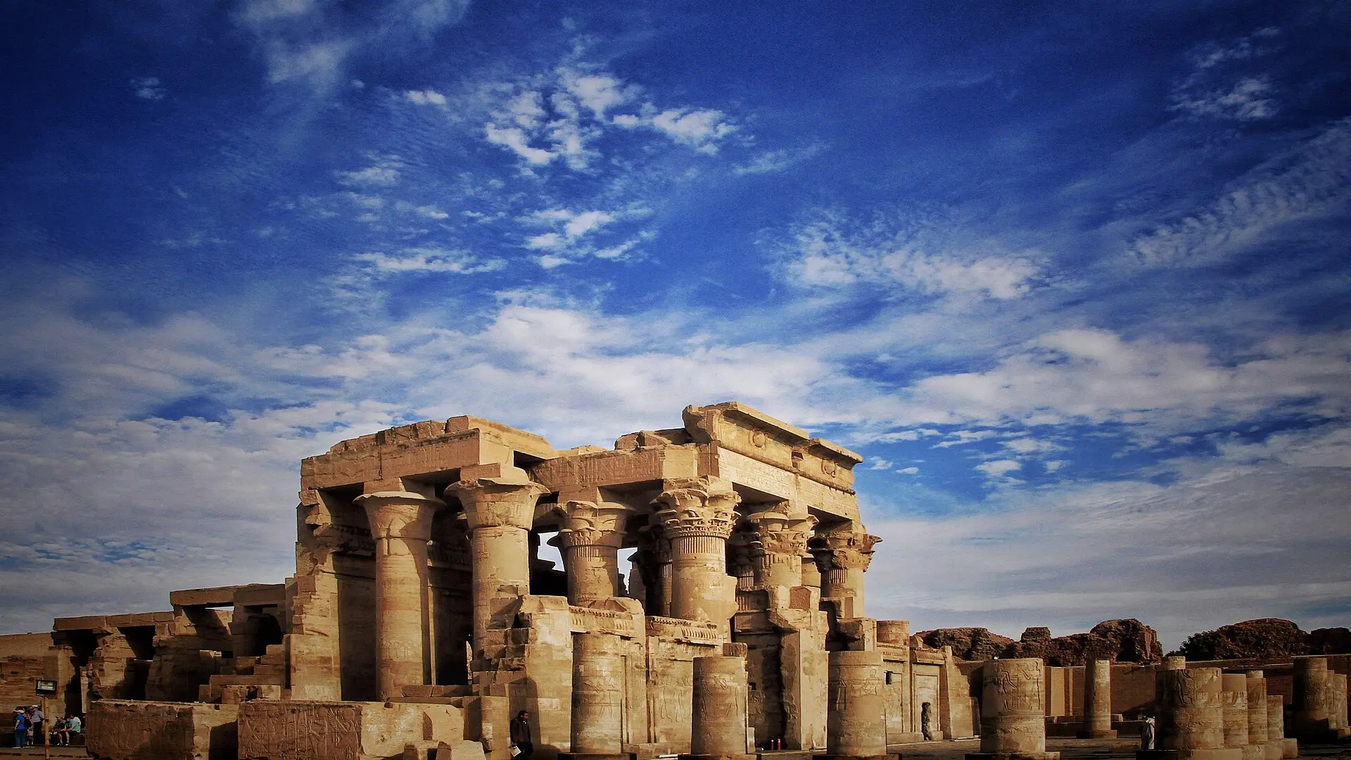 Kom Ombo Temple beside the Nile under a dramatic sky