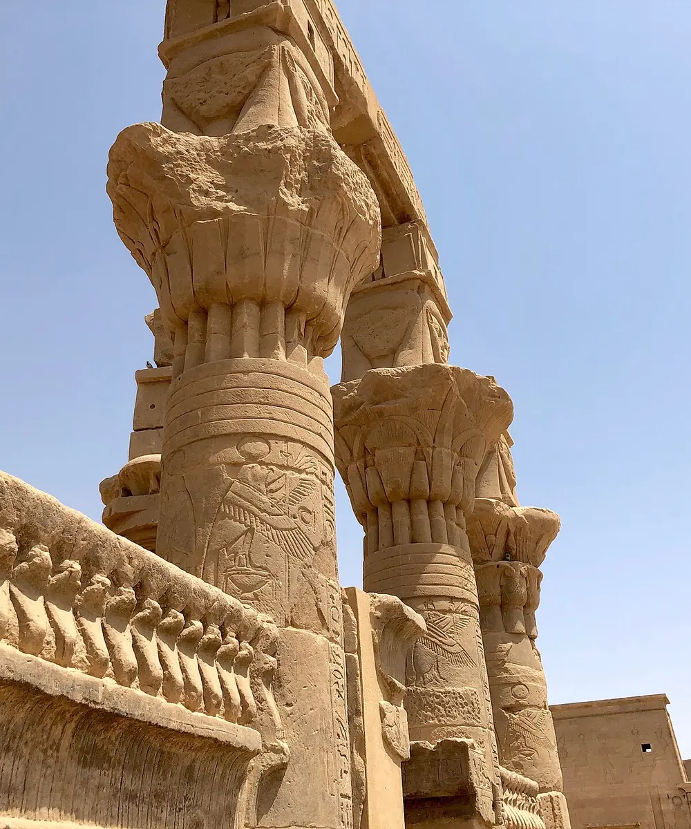 Hathor-headed capitals on the kiosk of Nectanebo I