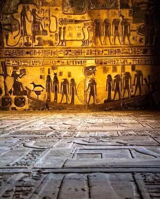 Sacred wall and floor reliefs inside the Temple of Esna