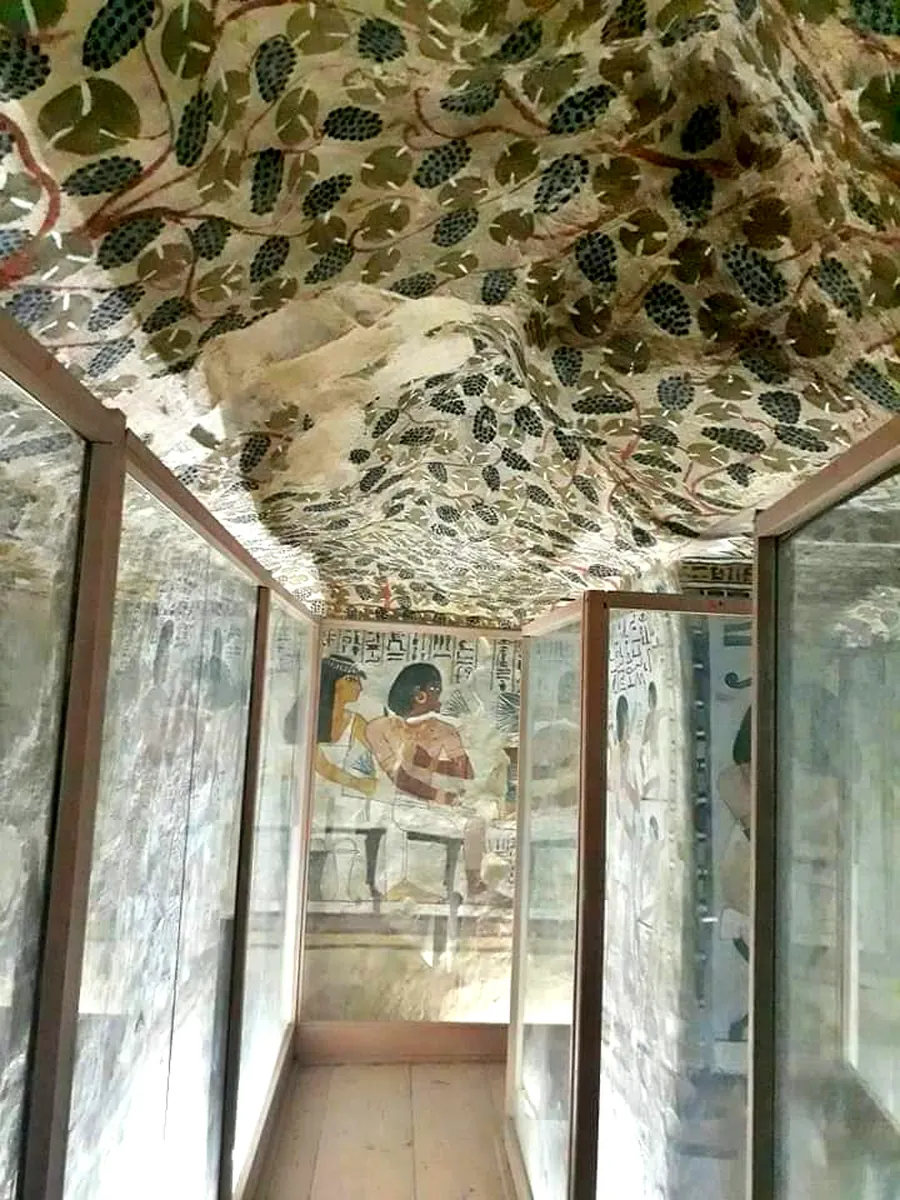 Vine-covered corridor in the Tombs of the Nobles in Luxor, inside Sennefer TT96