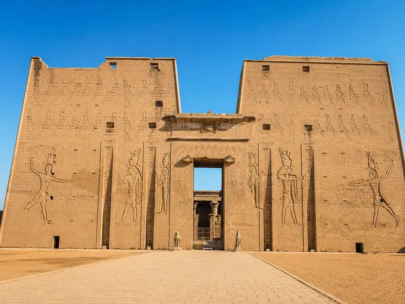 Edfu Temple pylon visited on an Egypt Cheap Nile Cruise