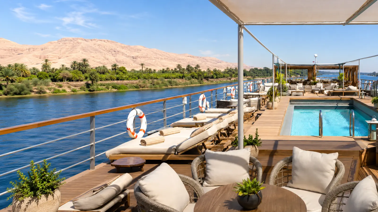 Egypt Cheap Nile Cruise sun deck with pool, chairs and Nile views